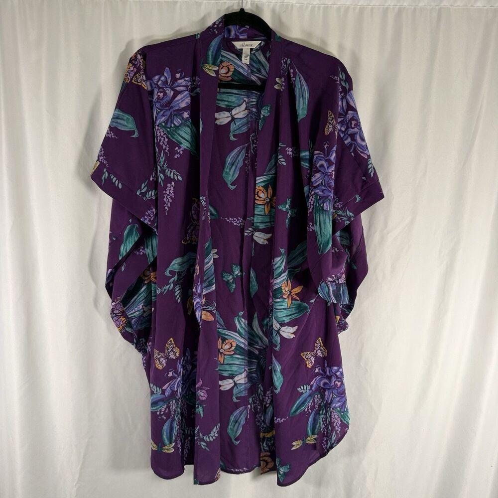 Soma Satin Robe Women's Small Med Purple Floral Butterflies Open Front Light